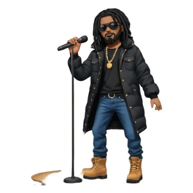 African American man with shoulder length black dreadlocks with black beard wearing dark black sunglasses wearing a black bubble coat wearing denim skinny jeans and timberland boots rapping into a microphone on stage sticker