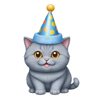 British shorthair blue cat happily wears a birthday hat sticker