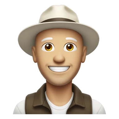 smiling white bald man outdoors with hat sticker
