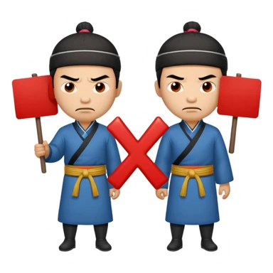 qing empire man who is of han ethnicity who looks angry that is holding a sign that has a red x on it to another man who is not han ethnicity who looks sad sticker