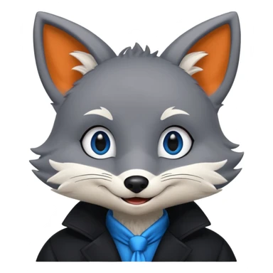 Grey anthropomorphic furry fox with a black coat, blue eyes, and a small fringe of black hair, smiling sticker