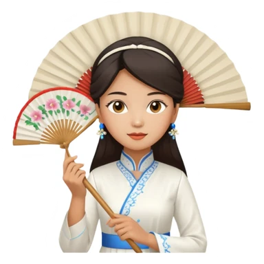 a vietnamese woman wearing a white ao dai holding a folding fan elegantly, wearing a nón lá sticker