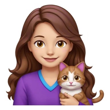 a girl with long wavy brown hair and brown eyes, wearing purple clothes, smiling with a three-color cat beside her, emoji style sticker