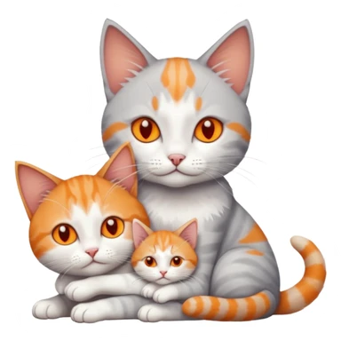 full body of a grey and white cat cuddling a very small + skinny ginger and white kitten with deep orange eyes and triangular shaped face lying down sticker