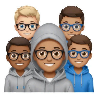 boys in grey hoodies smiling middle has black thick frame glasses and blue eyes sticker
