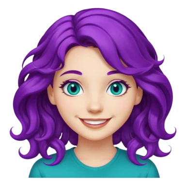 A girl with vibrant purple wavy hair, smiling face, teal eyes sticker