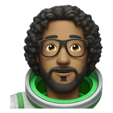 Man with black short curly hear and beard and glasses wearing a green and white astronaut suit sticker
