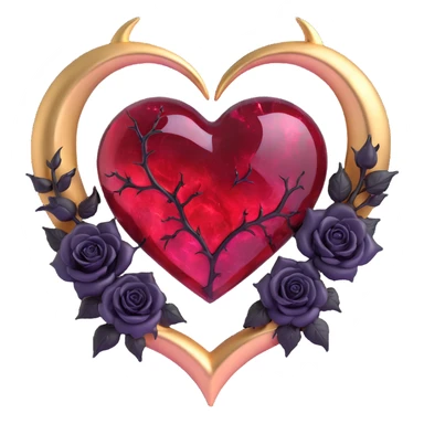 gothic heart made of blood red glass, gold crescent moon, black roses, iridescent stardust, neon pink lightning, wet and cracked glass sticker