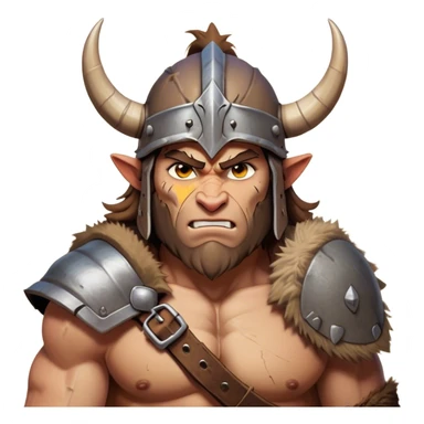 Clash of Clans aesthetic friendly Barbarian Portrait Emoji, Poised and bold with a rugged yet cartoonish build in tattered furs and a horned helmet, his face rendered in a natural skin tone (not yellow), expressive bright eyes and a confident smirk, Simplified yet dynamic features, highly detailed, glowing with a vivid, adventurous aura, high shine, heroic and spirited, stylized with an air of medieval warrior charm, focused and energetic, soft glowing outline, capturing the essence of a fearless barbarian adventurer ready to lead his clan with spirited valor! sticker