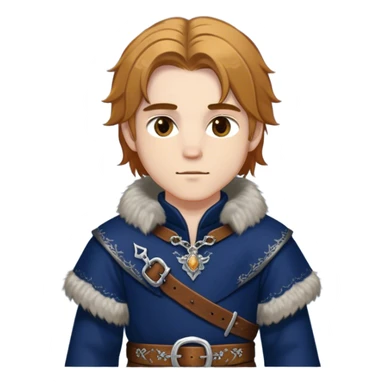 Medieval winter outfit worn by a DnD themed fantasy male character. Midnight blue felted wool tunic with silver fox fur collar, embellished with ornate metal clasps and a thick leather belt with decorative stitching. Clothes only above the waist, full waist coverage. The character has no arms. Character is white-skinned with honey brown hair, amber eyes, and shoulder-length straight hair with winter-weathered ends. sticker
