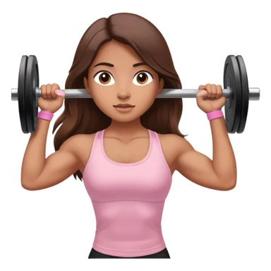 a north-east indian girl with long brown hair wearing a soft pink gym top lifting a barbell doing a shoulder press sticker