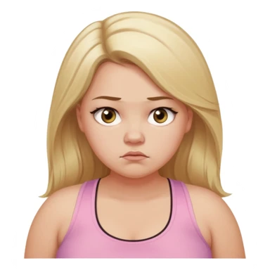 Create a young woman with long blonde hair, golden eyes, and medium-light skin tone, wearing a light pink tank top and leggings. but she is overweight  She should be in portrait mode, but with a subtle doubting facial expression—slightly raised eyebrow, small frown, sticker