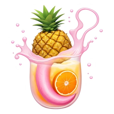 Golden pineapple, orange mango slices, pink papaya pieces, and a swirling white kefir drink floating around a glowing stomach. Light streams flow through the digestive system, showing enzymatic action dissolving blockages. sticker