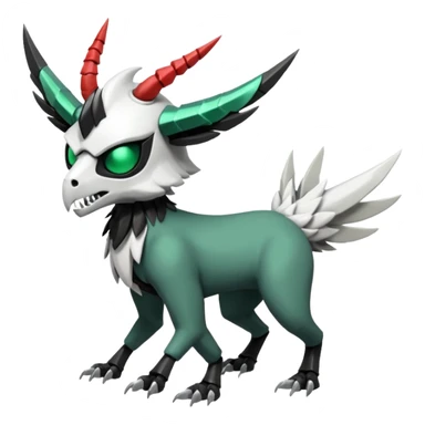 Shiny Cute Cool Badass Aesthetic Colorful Futuristic Black Grey White and Dark-Green Trico-Skarmory-Silvally-Skiddo-Sprigatito-Absol-fusion (full body) with and edgy white horned skull mask face sticker