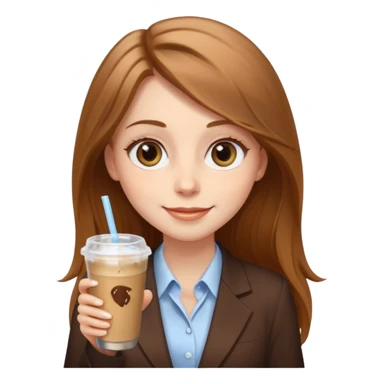 Women in front of laptop with a happy face, long light brown hair, light brown big eyes, light pale skin with a iced coffee on the side, business attire sticker