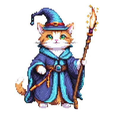 A cat wizard casting a spell with magical staff and flowing robes sticker