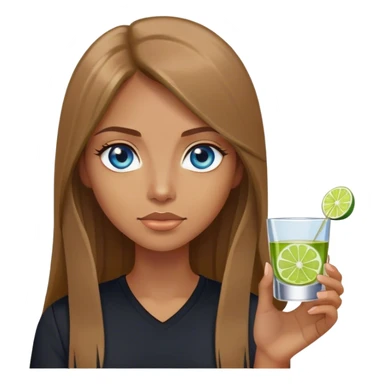 tan woman, black shirt, long light brown straight hair, grey blue eyes, holding a shot with lime sticker