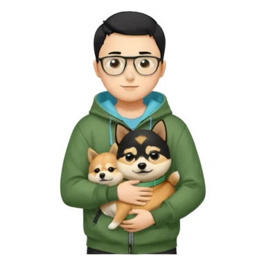 A yellow skin boy, black hair, buzzcut hairstyle, wearing tortoiseshell eyeglasses, green hoodie with zippers, light blue shirt inside, black trousers, black belt, hugging a very cute little black shiba inu sticker