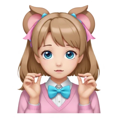 Neuro-sama, AI Vtuber, light-brown hair, blue big round eyes, anime style, pink bow ties in hair, blushing, cute, cyan bow tie on neck, beige sweater, pig tails, white heart hair clip, sticker