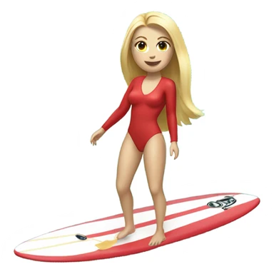 A young women with blond hair a red long sleeve and red bikini bottoms surfing on a turquoise surfboard with a white line on the surf board sticker