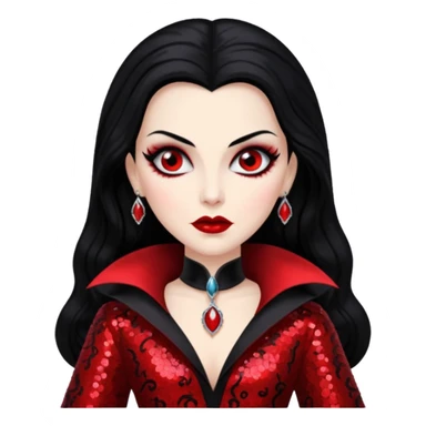Countess Dracula from Universal Monsters with long jet black hair, black and red sequin outfit  sticker