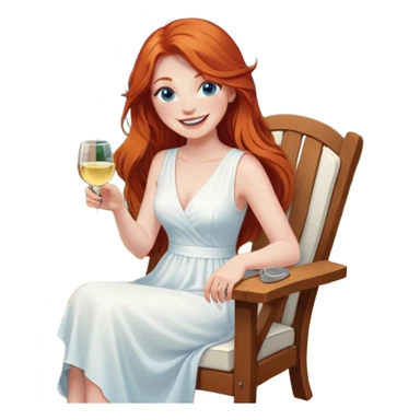 Laughing redhead with long hair and blue eyes white wine sitting in chair beside fire pit sticker