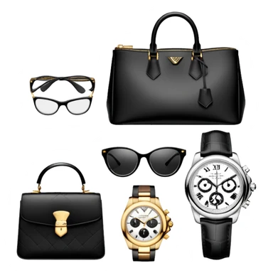 bags and watches, and glasses, all black and white put together like a bundle with no face, all luxury items like lv, prada, and cartier, and rolex, but one of everything not two sticker