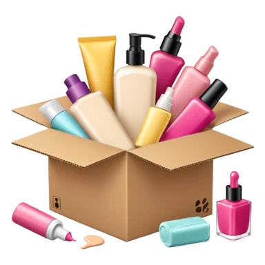 a cardboard box with assorted beauty products like compact, lotion, and nail polish spilling out with a blue background sticker