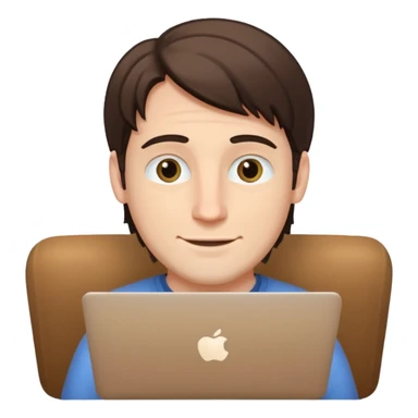 A white man in his mid 20s, middle part average dude with slightly droopy eyes, happy, using a MacBook (no logo), hero for an iOS developers website sticker
