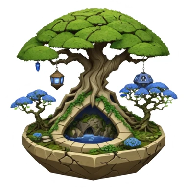 Alien spacecraft hanging jungle-vines mountain-island landscape mudman very old broken cracked intricate Stone Age rocky-crusted irregular dodecagon-shaped shallow dark moss rough bark blue willow flowered maple tree bonsai pot sticker