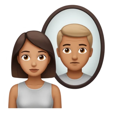 woman looking into a mirror with a man visible on the other side, apple emoji style, clear expressions, minimal details sticker