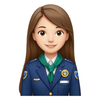 Young girl, long brown straight hair, wearing uniform jacket with hotel name badge, tasteful scarf, stand behind the desk

 sticker