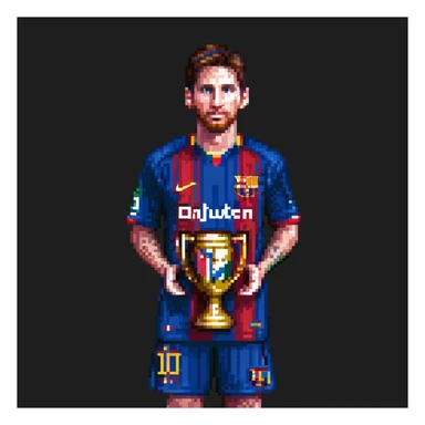 Lionel Messi with a trophy, pixel art style, detailed jersey sticker