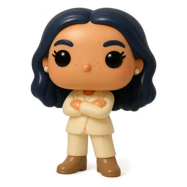 Enhance the vinyl figure in Funko Pop style with superior quality, luminous smooth tanned skin, detailed dark hair, textured feminine cream suit (jacket and pants), small pearly earrings, greige leather boots clearly visible, arms crossed, rosy cheeks, very discreet freckles, eyelashes, mischievous and cheerful expression, no mouth, transparent background. sticker