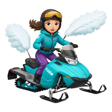Can you create an emoji of a brunette girl on a teal polaris khaos 850 155 snowmobile doing a wheelie with snow flying sticker