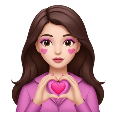 Pink and brown emoji, love emoji inspired with brunette hair, brown eyes, long hair, heart shape lips and pink make up making a heart with her hands and pink nails, mauve pink blush sticker