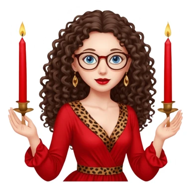 a blue eyed woman with very long brunette curly hair, full lips,and really pale skin. She is wearing a leopard printed thin round-ish glasses . She is wearing fully plain silky red dress. She is flying on the air. There are red candles in her hands. She is making a magic. sticker