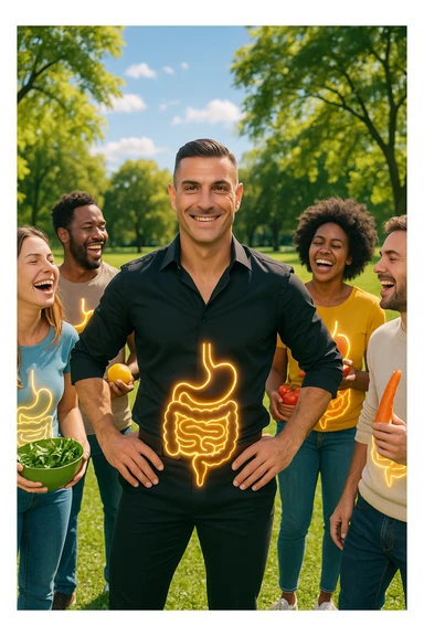  a smiling man stands at the center of a group of diverse, happy people in a bright park. Everyone has a subtle, glowing outline around their abdominal area, symbolizing a healthy gut. The group is laughing, sharing fresh fruits and vegetables, and the atmosphere is vibrant and full of energy. sticker