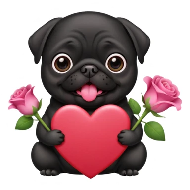 black pug holding valentine’s day card and flowers sticker