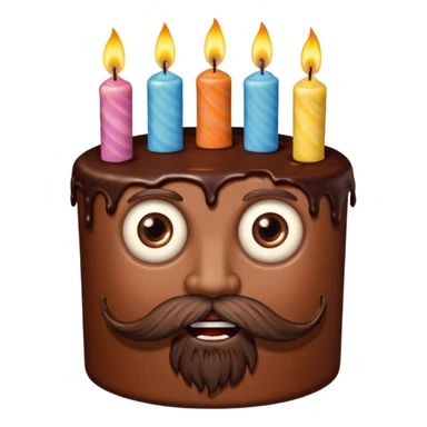 chocolate birthday cake with eyes and candles and beard sticker