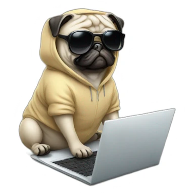 Pug wearing a hoodie and using a laptop and wearing sunglasses sticker