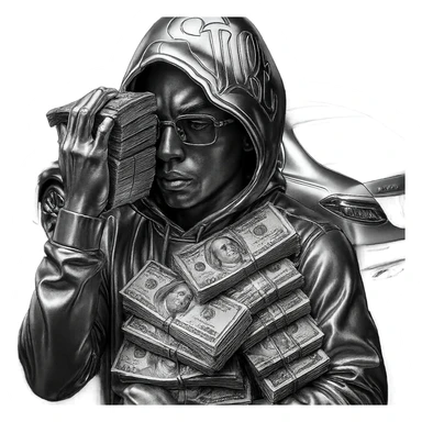 Create a chrome style iconic and bold icon version of the person in the reference image. The person should have light brown skin and natural facial features. The hoodie and clothing should be rendered in chrome style. Add Cartier glasses to the character. Replace the money with realistic, detailed, photorealistic US dollar bills. Place a Maybach car behind the person, all in a chrome style iconic and bold look. sticker