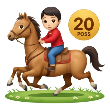 l little chinese baby riding on a  cute horse running really fast on the grass with 2026 year's label sticker
