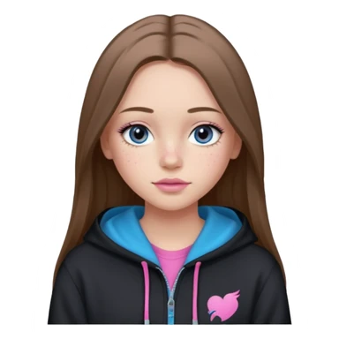 Create a TEENAGE girl with LONG and straight light brunette hair with a middle part, light skin, light freckles, and blue-gray eyes. She will have pink lips and LONG eyelashes. She will be wearing a black hoodie sticker