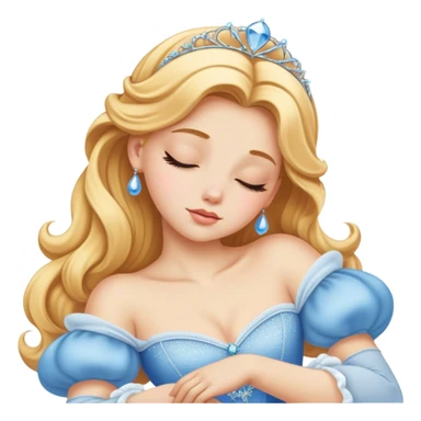 Cinematic Realistic Sleeping Cinderella Portrait, portrayed with exceptional realism: her luminous porcelain skin and exquisitely detailed golden-blonde hair lie softly under the gentle caress of natural light. Her eyes are peacefully closed in a serene, dreamlike slumber, and every fold and shimmer of her iconic ball gown is rendered with painstaking detail. The overall composition radiates a quiet, enchanting glow that encapsulates the timeless, restful beauty of a princess lost in a gentle, magical dream. sticker