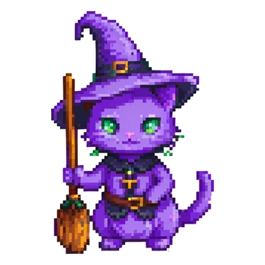 purple witch cat with a broom sticker