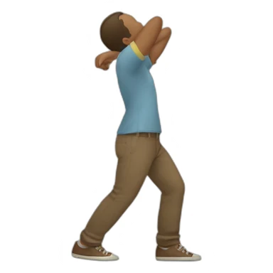 A person extending one arm straight out to the side while bowing their head into the opposite arm, with the other arm bent at the elbow sticker