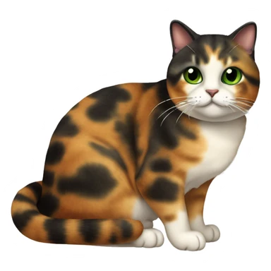Chubby Tortoiseshell cat, with green eyes, in a loafing position. No white, mainly black with orange patches.  sticker