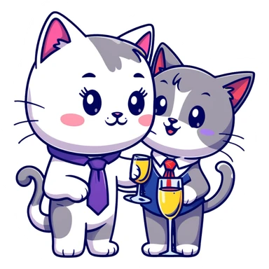 happy girl cat with eyelashes wearing a colorful necktie and happy boy cat wearing a professional necktie clinking champagne glasses together in celebration, both with cheerful expressions sticker