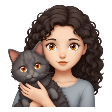 Girl with long medium curly dark brown hair holding cute grey fluffy cat with orange eyes and downturned ears sticker